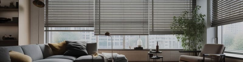 Venetian blinds half lowered across a wall of windows in a living room