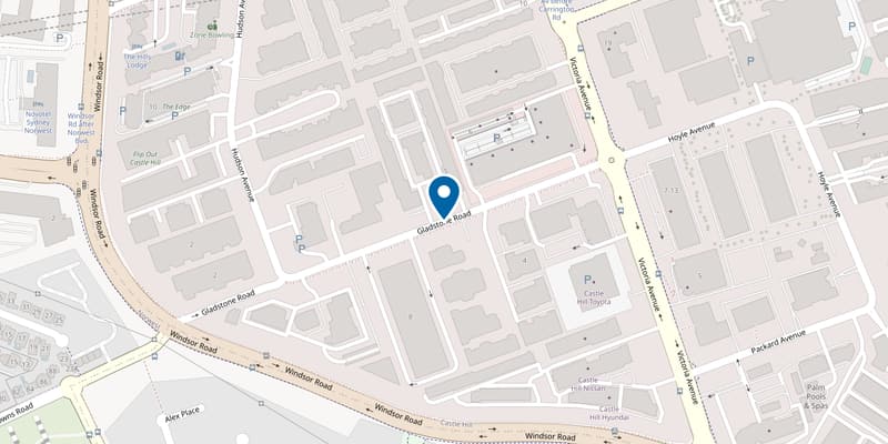 Street map of Castle Hill with a pin on Gladstone Road, between Windsor Road and Victoria Avenue