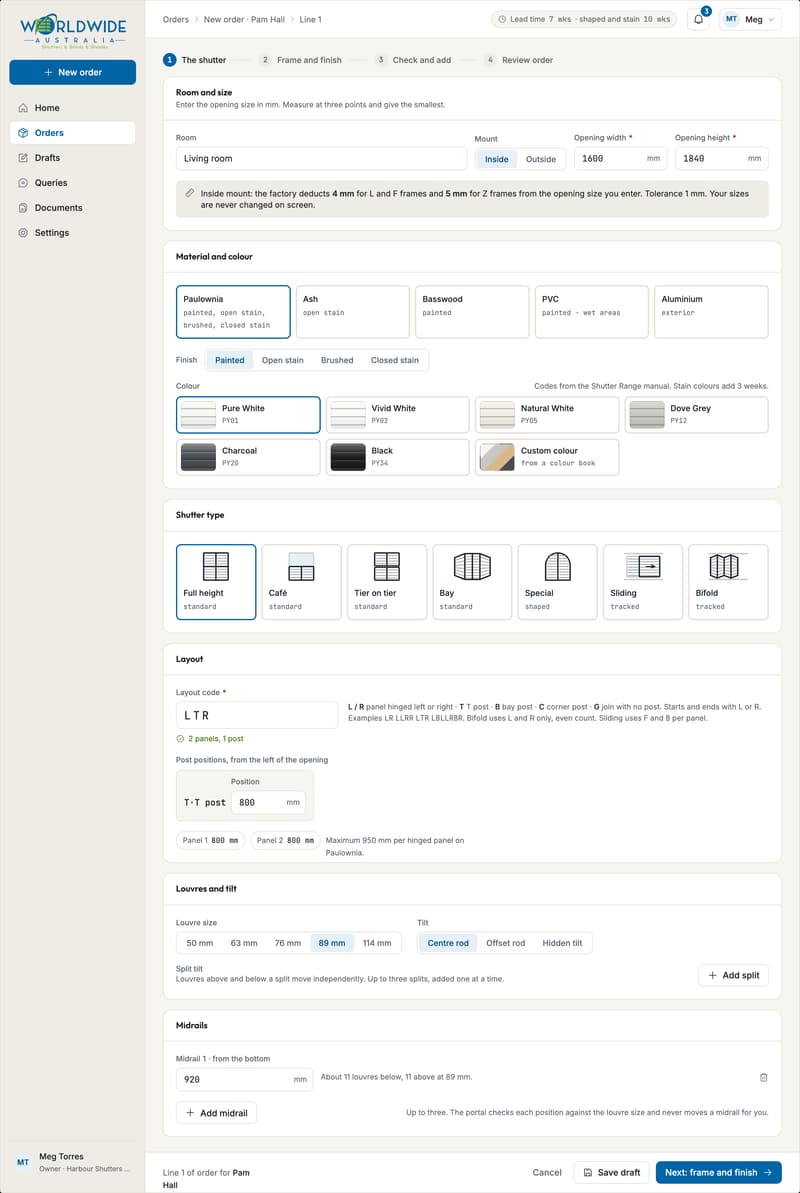 The Order configurator: sizes, material, colour, shutter type, layout code, louvres and midrails on one page