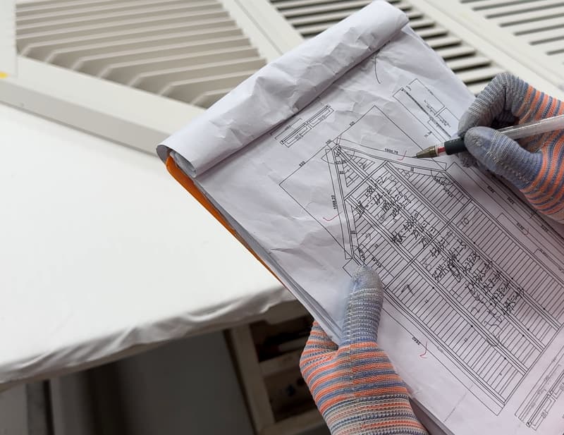 A gloved hand marking up a factory drawing of a shaped shutter